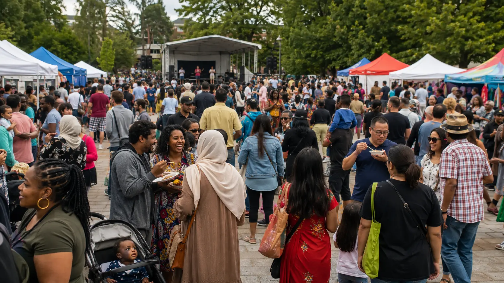 A diverse crowd sharing food and music in a tree-lined festival plaza